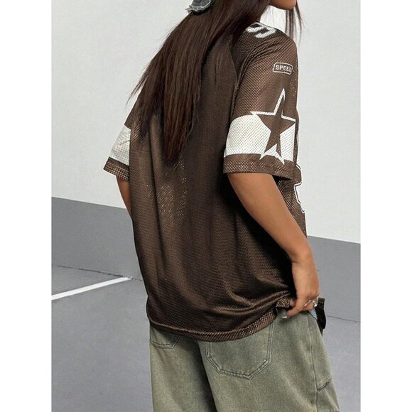 Women's Graphic Football Jersey Top V Neck Short Sleeve Loose Streetwear - Picture 2 of 5